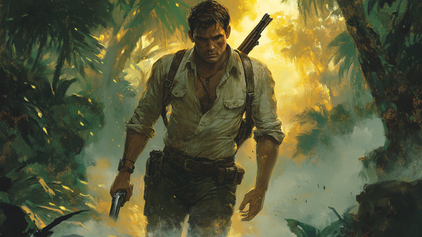 A rugged man with rolled sleeves and a rifle walks through misty alien jungle, golden light behind him, painterly brushwork and intense expression.