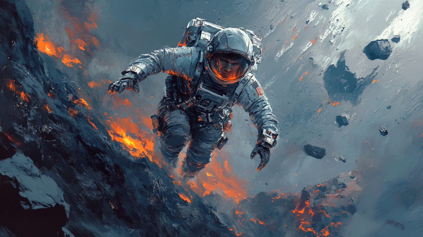 Determined man in battered space suit climbing rocky alien slope with fiery cracks, symbolizing struggle, endurance, and the forging of strength