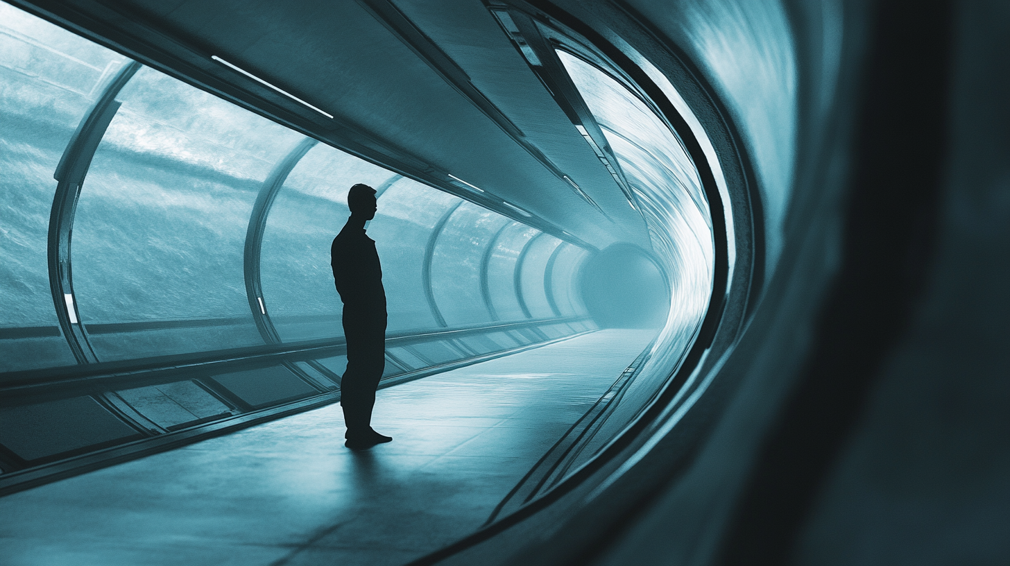 Solitary man standing in a dimly lit space station corridor with curved glass walls and pale blue light, evoking isolation and introspection.