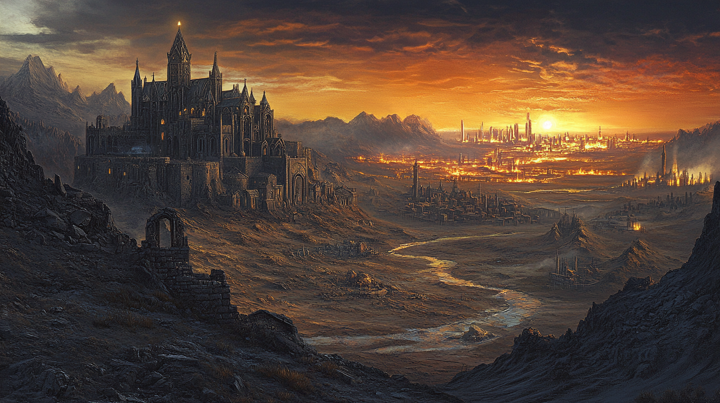 A layered landscape showing a ruined foreground, a medieval monastery in the middle ground, and a glowing futuristic city on the horizon under a dramatic sky.