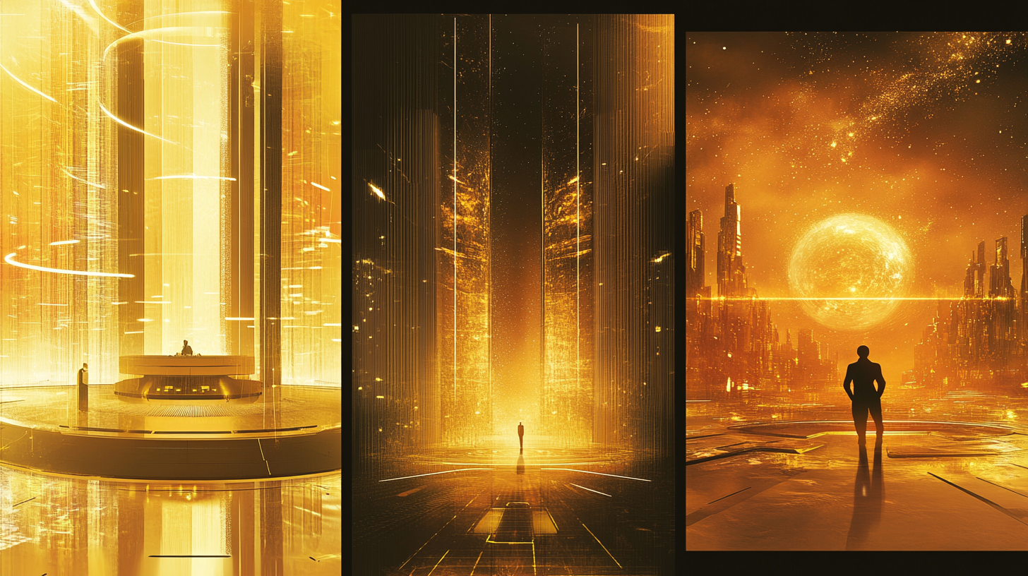 Triptych of futuristic golden scenes showing a command room, a corridor of light, and a lone figure before a glowing star, symbolizing narrative evolution.
