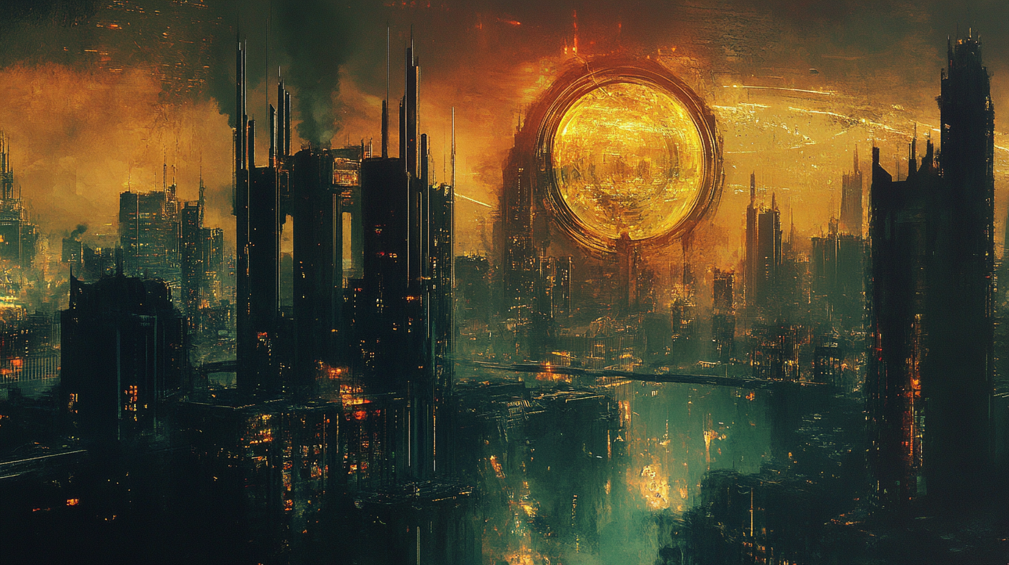Dark futuristic cityscape with glowing structures and a massive golden portal, symbolizing social collapse and technological fracture