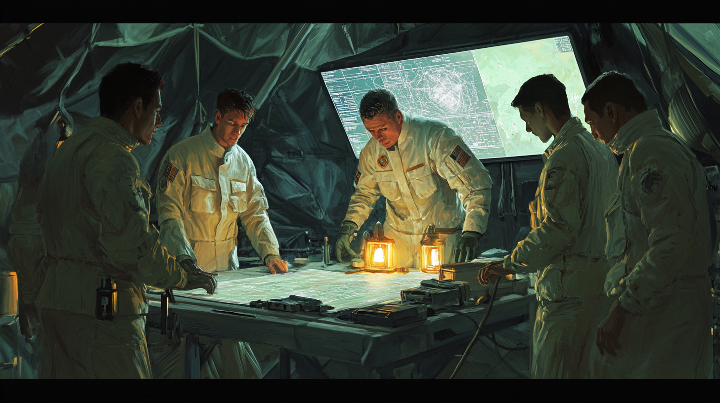 Futuristic military commander briefing officers inside a field tent, wearing white uniforms, gathered around a map under soft light with a tactical screen in the background