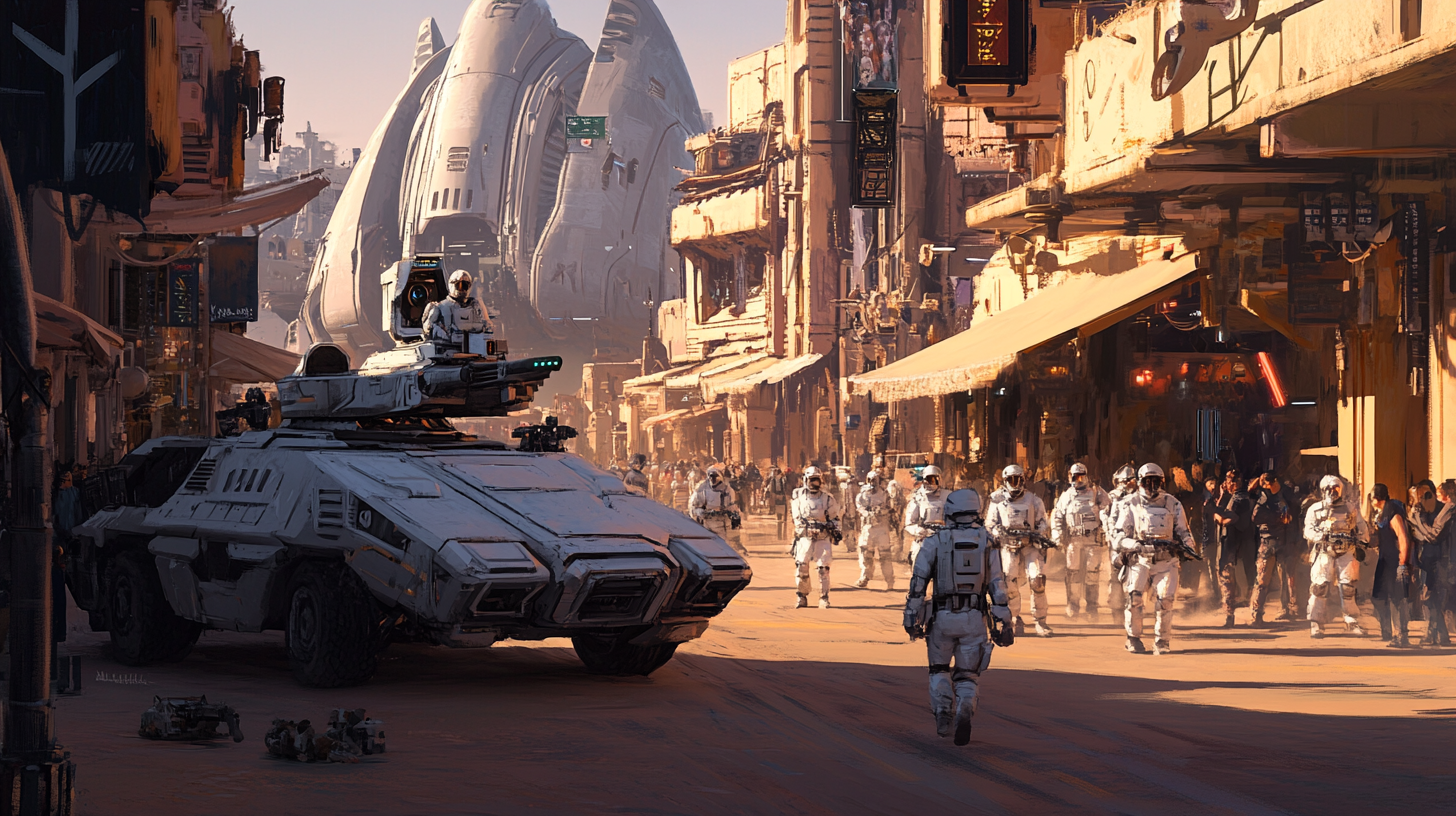 Futuristic soldiers in white uniforms and armored vehicles entering a crowded colony marketplace under civilian watch