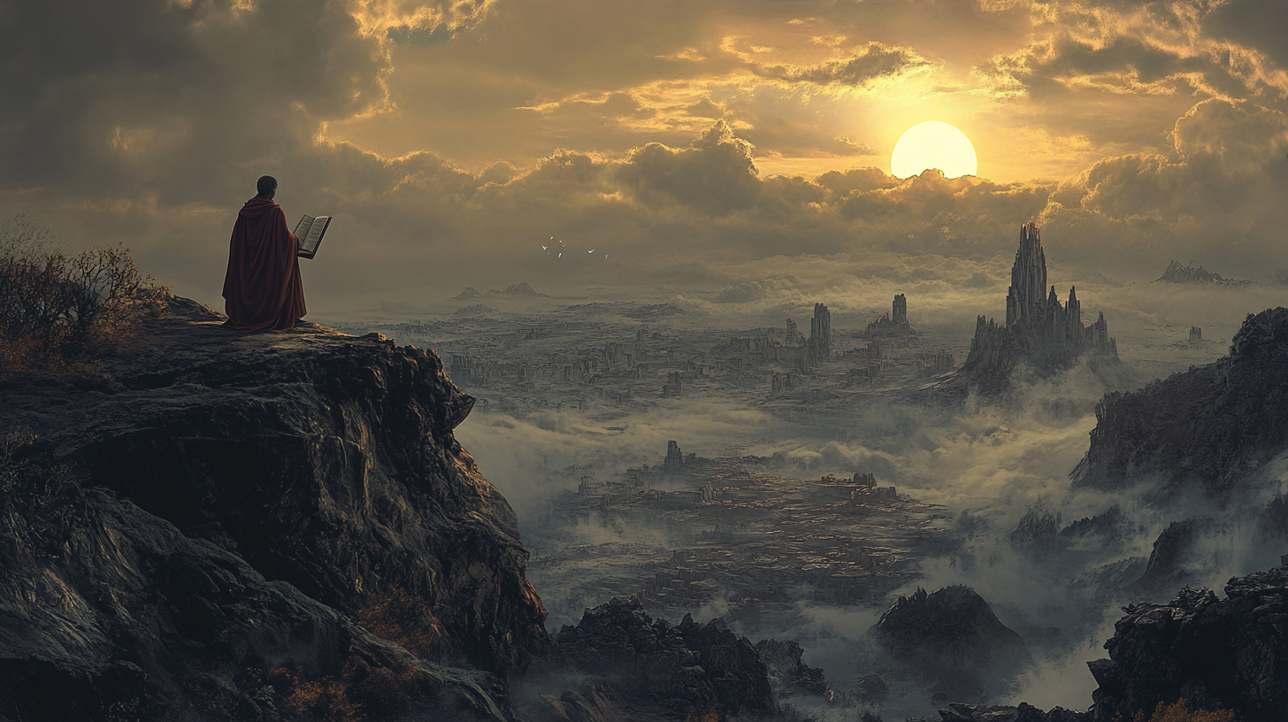 A solitary monk in a red robe stands on a cliffside holding an open manuscript, overlooking a foggy wasteland of ruined cities beneath a golden sunrise.