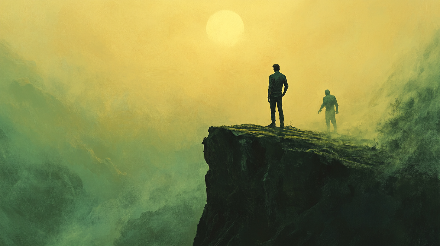 A rugged man stands at sunrise on a high cliff while a second figure fades into the mist behind him, symbolizing transformation, painterly green and gold color palette.