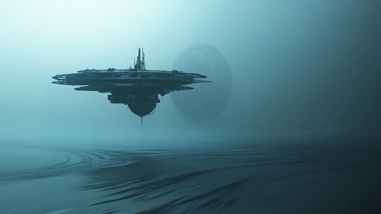 Futuristic tower-like space station emerging from a still alien ocean, enveloped in mist and ambient blue light