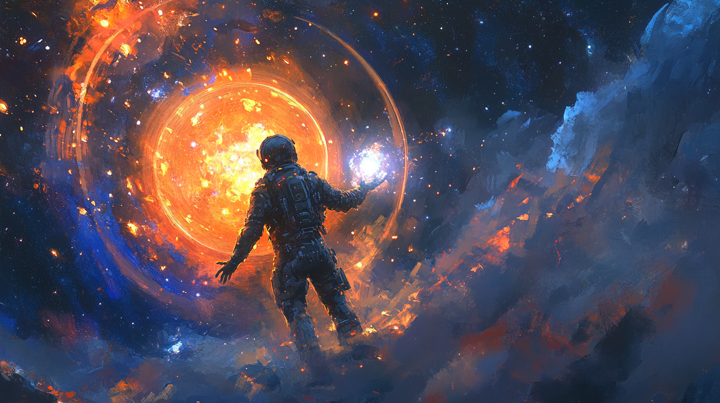 Strong man in worn space suit standing before glowing energy sphere in space with outstretched hand, symbolizing strength, redemption, and the offering of power for good