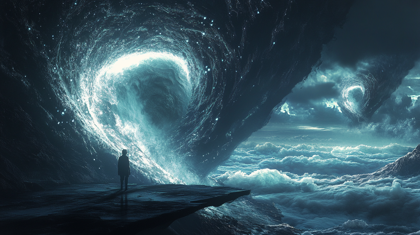 Lone figure stands on a dark ledge before a vast glowing vortex above a surreal alien ocean, suggesting cosmic scale and incomprehensible intelligence.