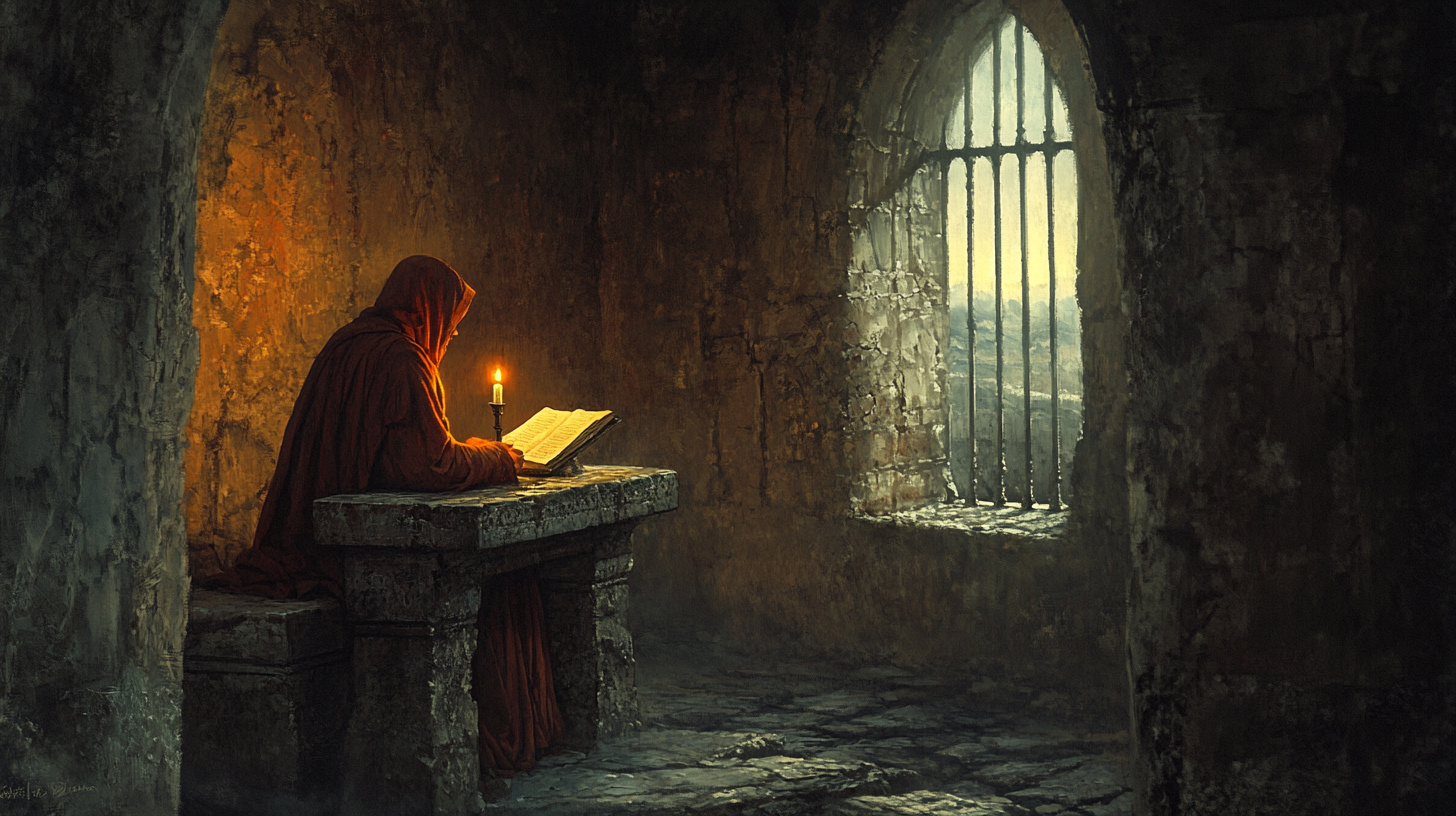 A solitary monk in a worn stone chamber copies a manuscript by candlelight near a barred window overlooking a barren desert landscape.