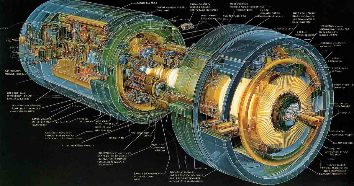A blueprint like cut-away image of a science fiction hyperdrive.