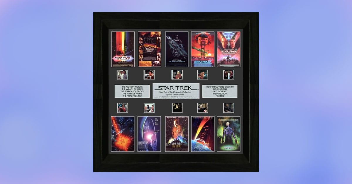 Framed Star Trek Cinematic Collection featuring authentic 35mm film cells and movie poster montage.