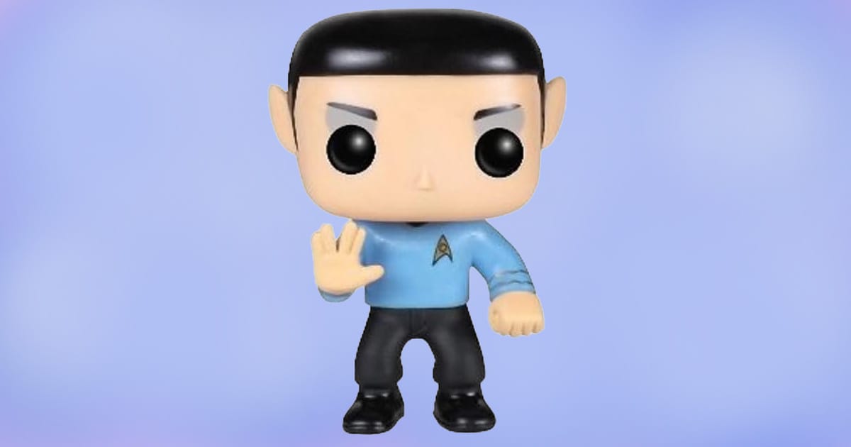 Funko POP Star Trek Spock figure in blue uniform giving Vulcan salute collectible figurine.