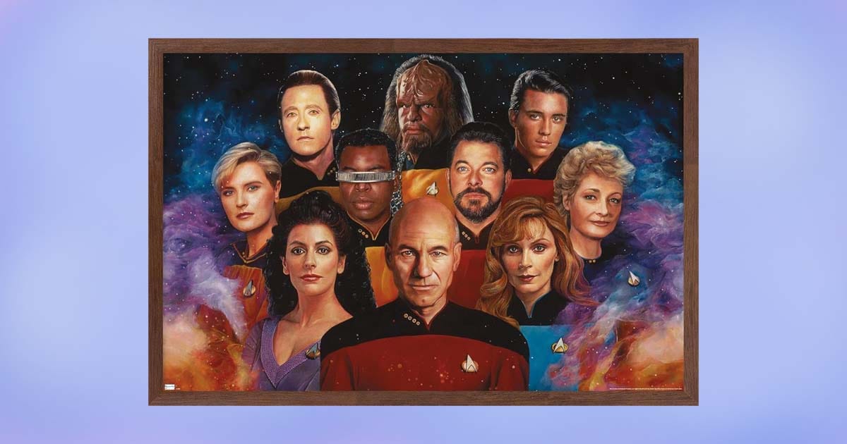 Framed Nicky Barkla Star Trek The Next Generation wall poster featuring the full main cast in vibrant space background.