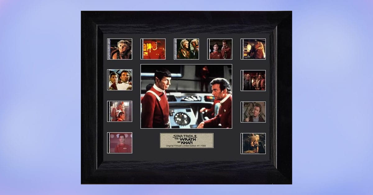 Framed Star Trek Wrath of Khan film cell collectible with montage of scenes and engraved plaque.