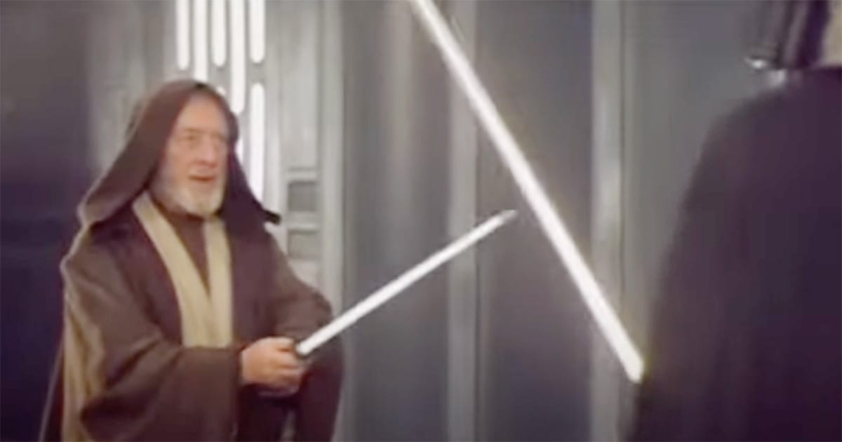 Obi-Wan Kenobi and Darth Vader clash with glowing lightsabers in the original 1977 "Star Wars" film, using practical rods wrapped in reflective tape.