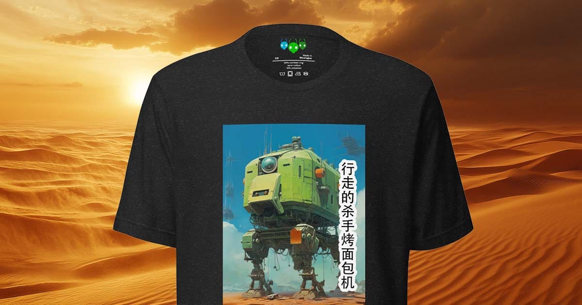 Black t-shirt featuring a green four-legged mech design titled "Walking Killer Toaster" in stylized Chinese text, set against a sci-fi desert backdrop.
