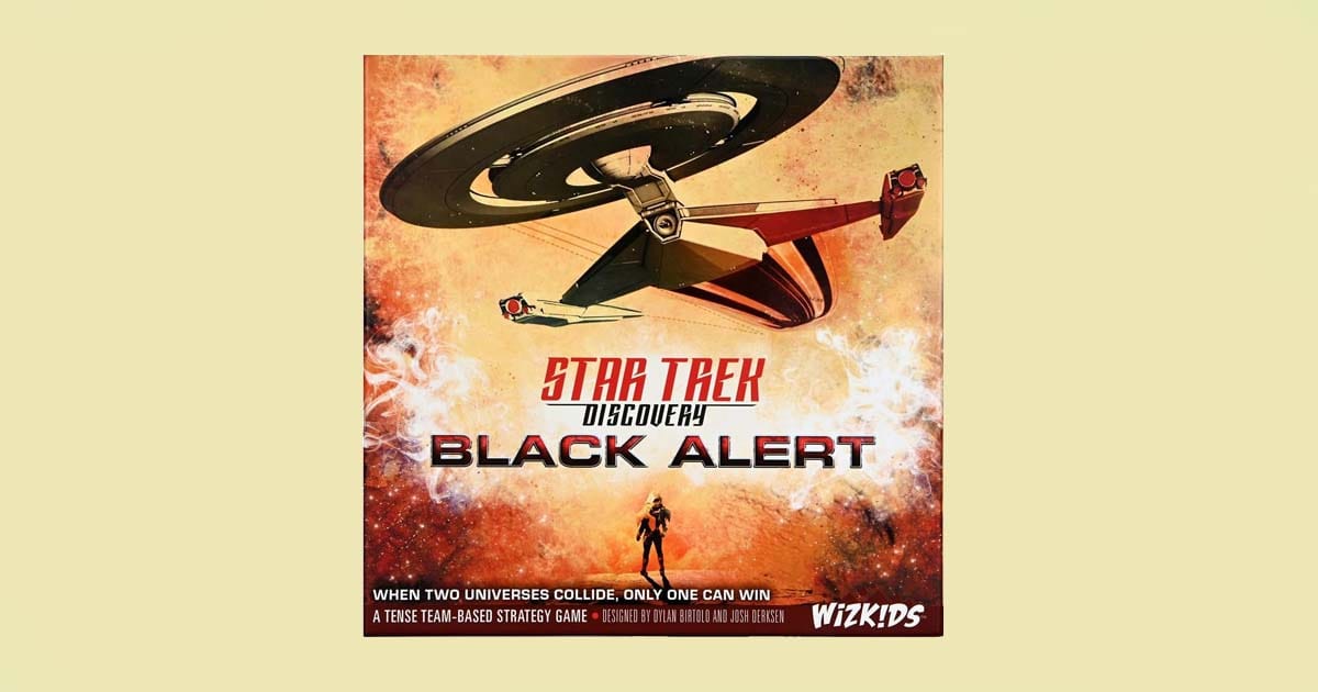 Star Trek Discovery Black Alert board game box with U.S.S. Discovery and fiery space background