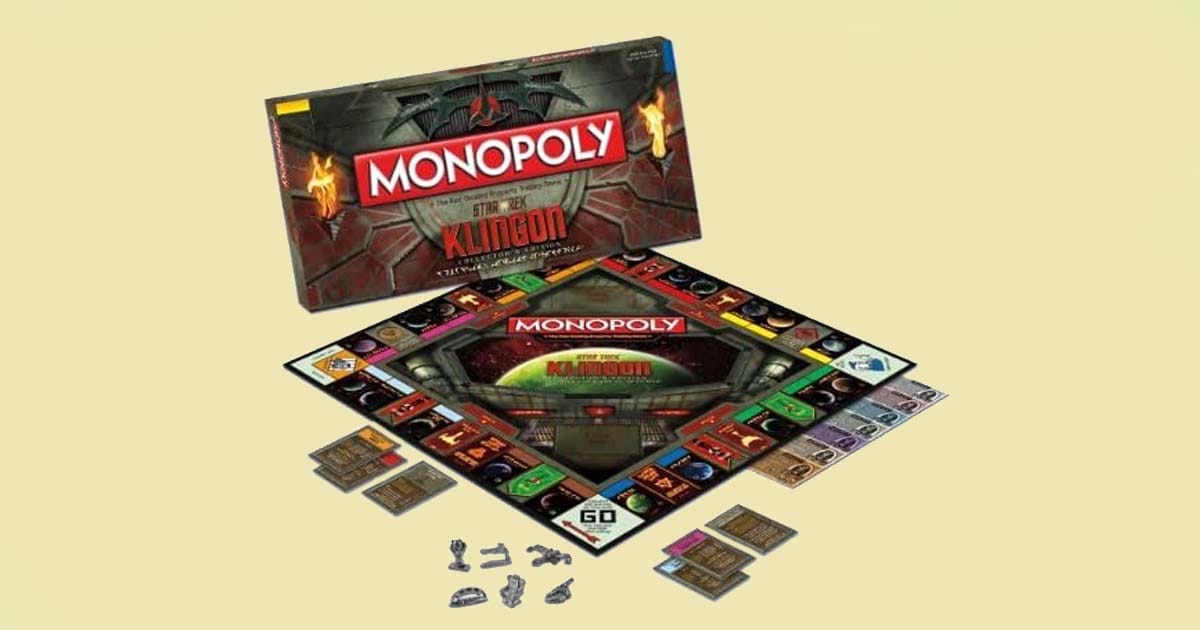 Monopoly Star Trek Klingon Edition board game with themed tokens cards and warrior-style game board.