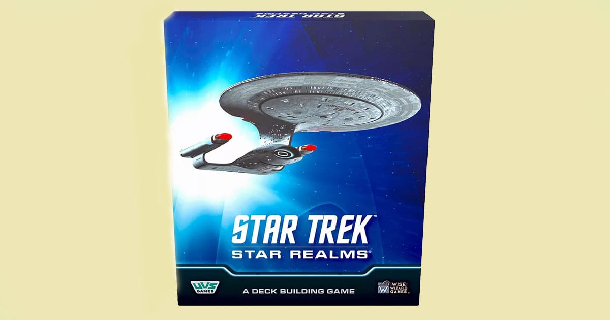 Star Trek Star Realms deck building card game box with USS Enterprise on blue background.
