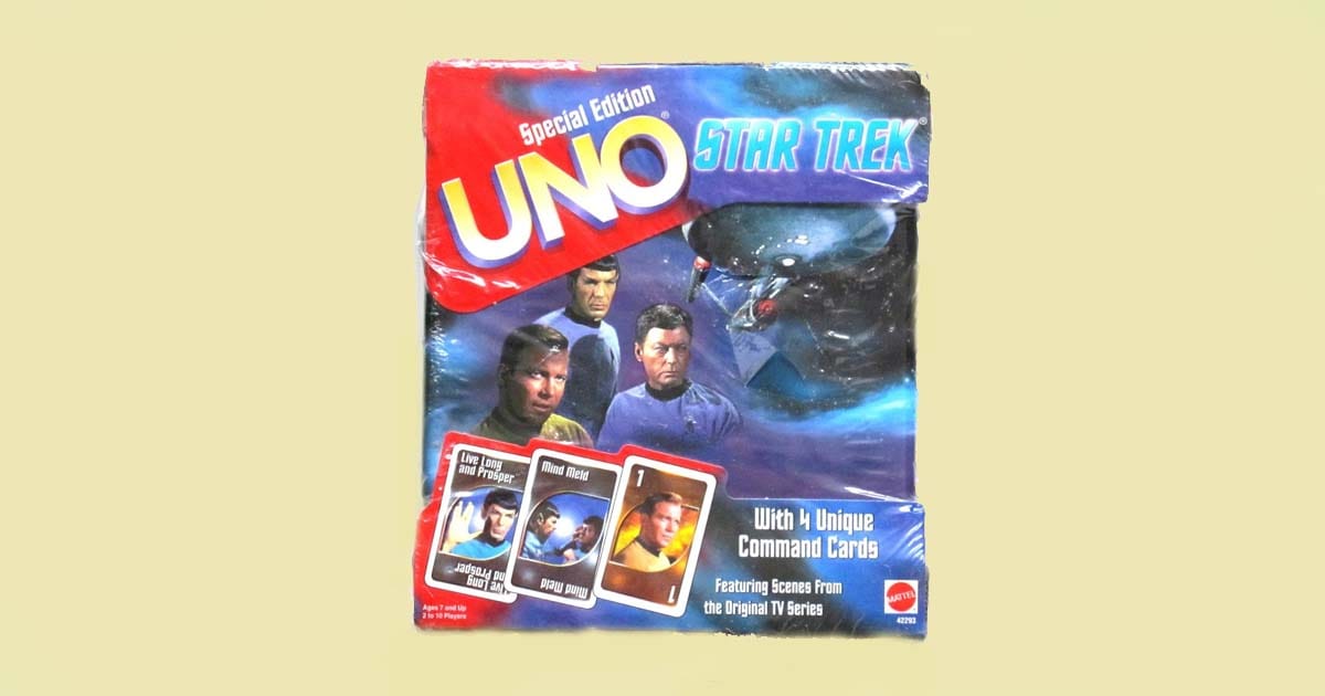 Star Trek Special Edition UNO card game packaging with original series characters and themed command cards