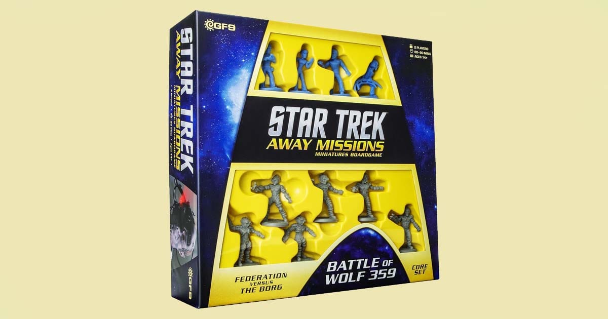 Star Trek Away Missions board game box featuring Battle of Wolf 359 with Borg and Federation miniatures.