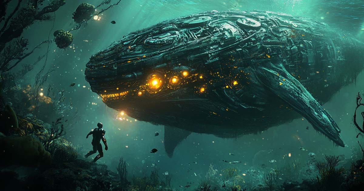 A cybernetic man swims through a dark underwater world toward a massive glowing biomechanical whale, surrounded by marine life and sunken ruins.