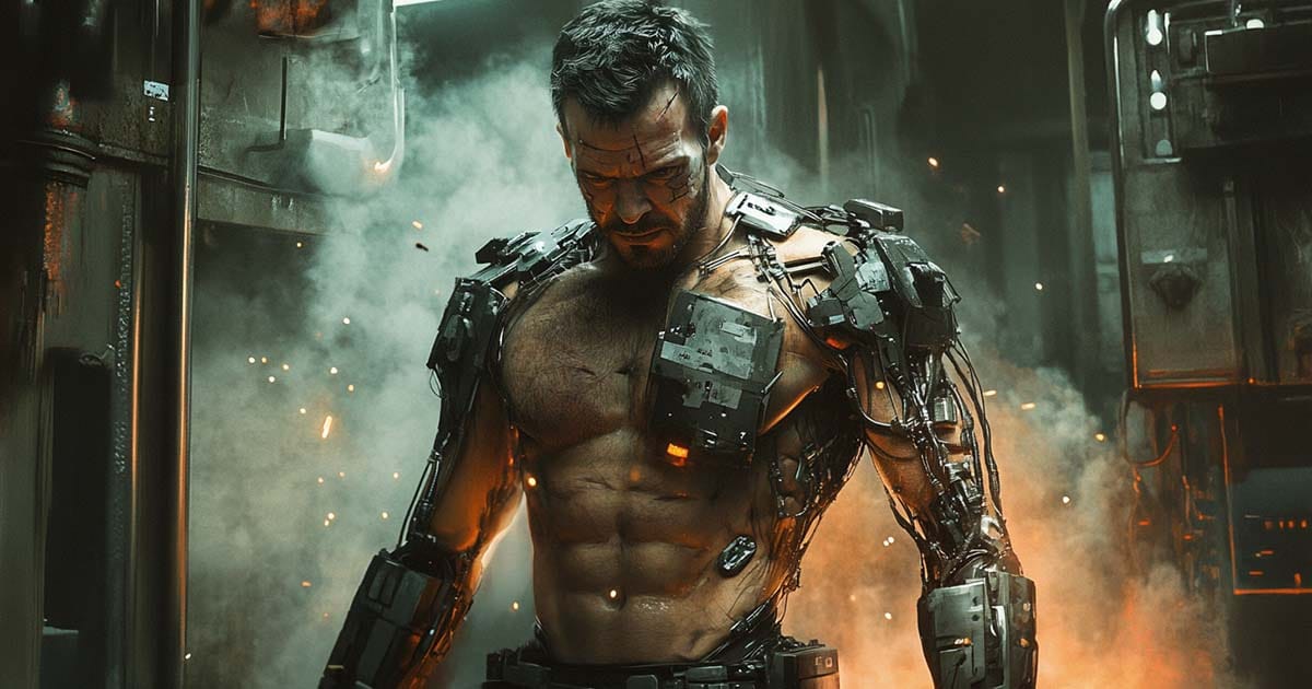 A rugged man with visible mechanical implants stands shirtless in a smoky industrial space, sparks flying as he looks down with focused intensity.