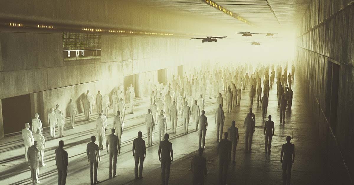 A crowd of nearly identical humans walks through a dim, sterile underground corridor under drone surveillance, bathed in artificial light.