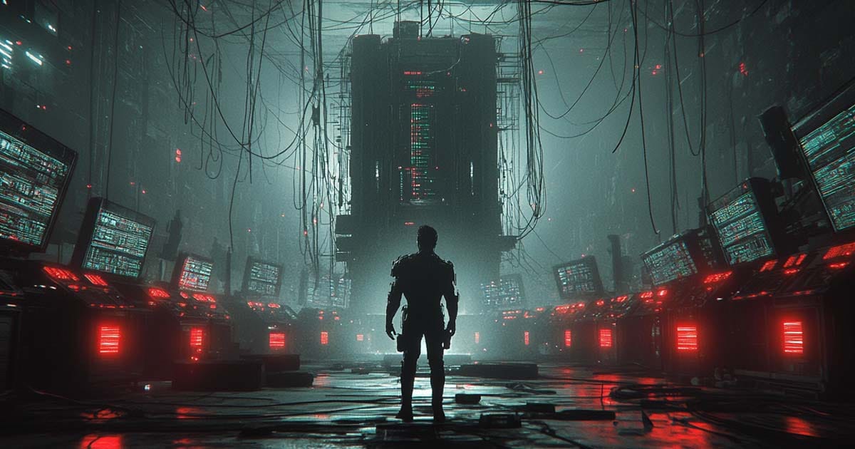 A lone cybernetic man stands in a dark control chamber surrounded by glowing red terminals and cables, confronting a towering central AI core.