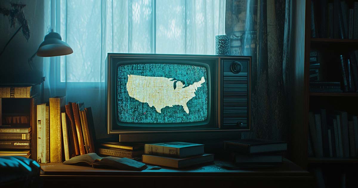 Vintage television in a dim study showing a glowing pixelated map of the U.S., surrounded by old books and blue curtains.