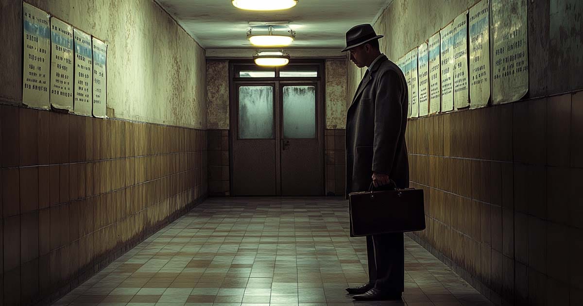 A man in 1960s clothing stands in a dim hallway with briefcase, surrounded by foreign posters and lit by overhead lamps.