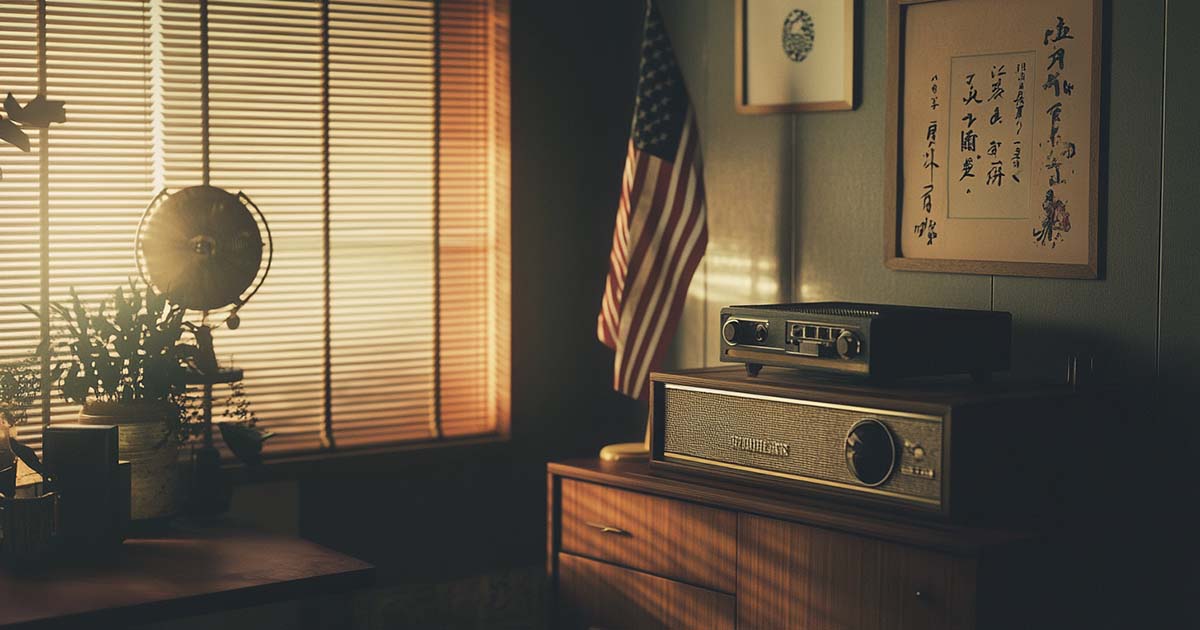 1960s American apartment interior with Japanese wall art, vintage radio, and U.S. flag in warm window light