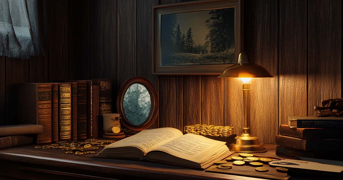 1960s study with an open book, scattered coins, and a mirror reflecting a forest, lit by warm lamplight on dark wood walls