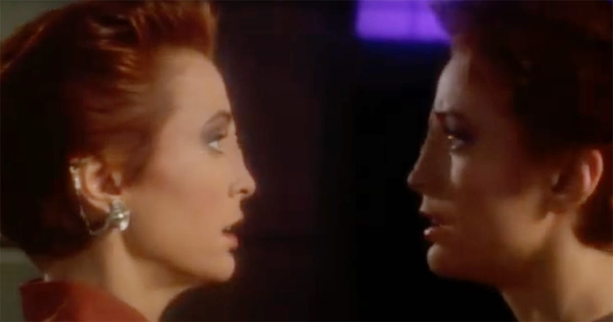 Major Kira faces Intendant Kira, her mirror counterpart, in a scene from the “Star Trek: Deep Space Nine” mirror universe episodes