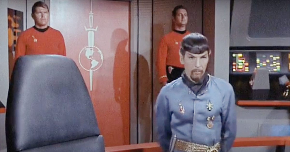 Mirror universe Spock on the Terran Empire bridge with guards and insignia in "Mirror, Mirror"