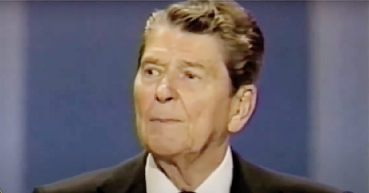 President Ronald Reagan looking concerned during a public address in the 1980s after viewing the film "WarGames".