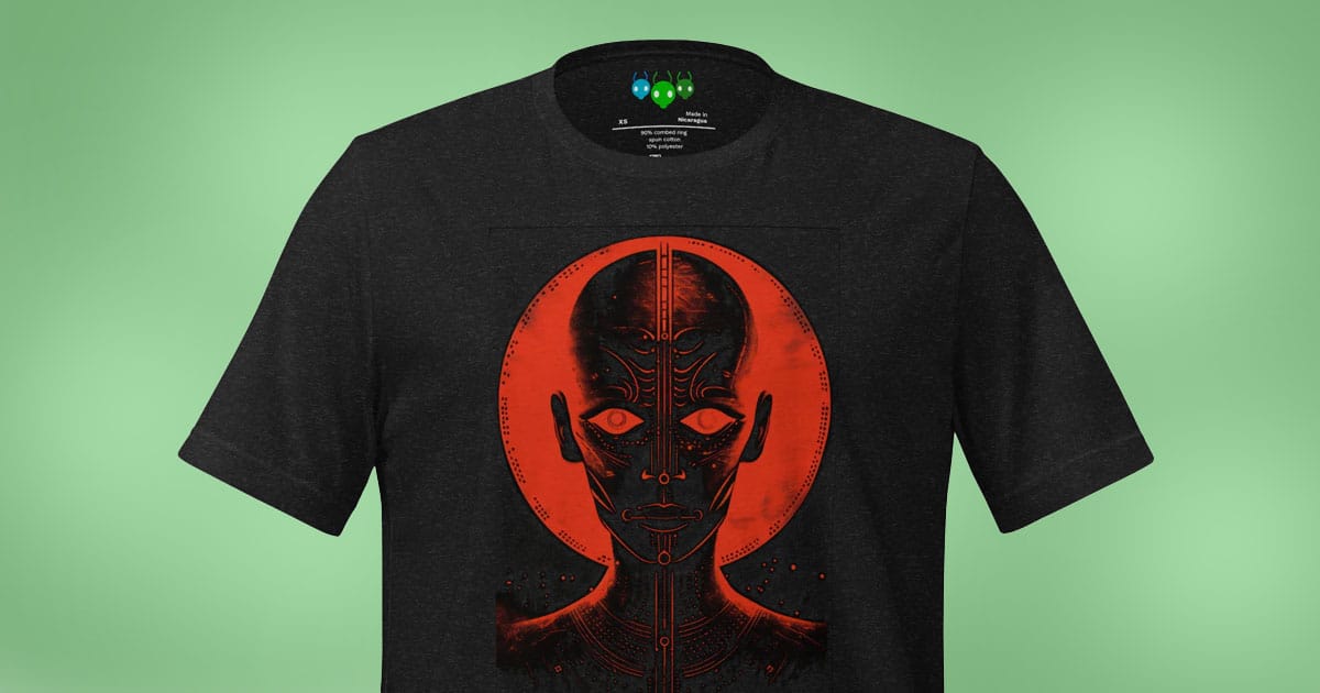 Black T-shirt featuring a red radiographic alien head design on green background inspired by retro science fiction.