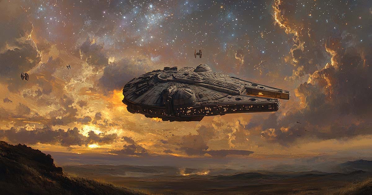 Millennium Falcon ascending into star-lit sky above twilight landscape, symbolizing legacy, hope, and myth in science fiction art.