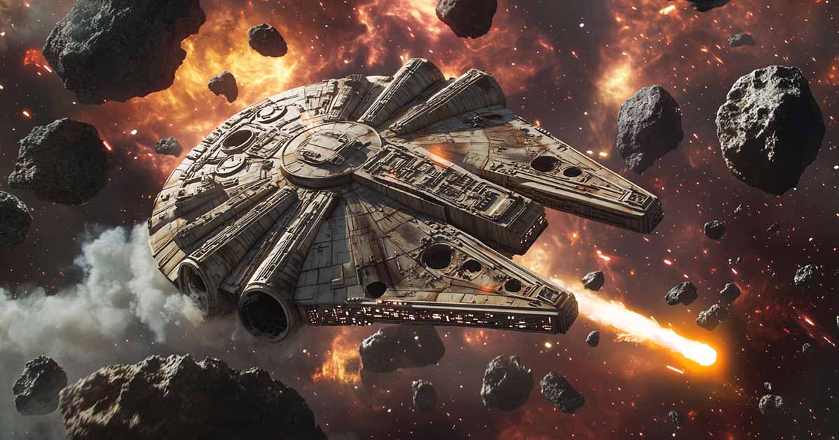Millennium Falcon flying through asteroid field under fire, evading pursuit with glowing engines in dramatic science fiction space scene.