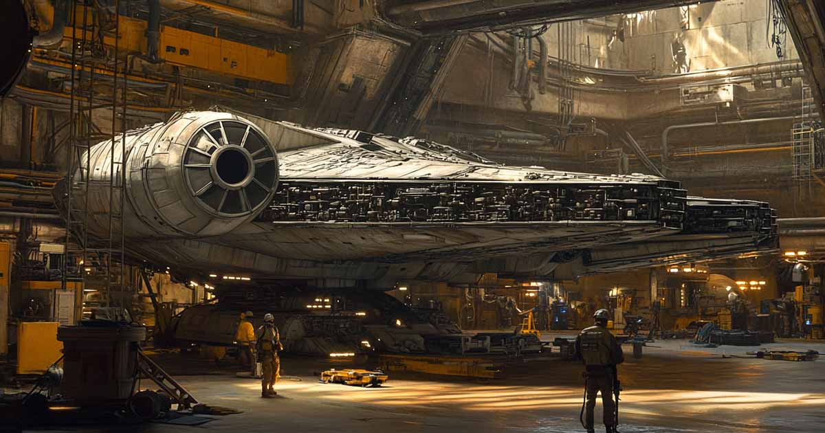 Millennium Falcon undergoing repairs in a dim Rebel hangar with exposed panels, tools, and crew in gritty sci-fi environment.