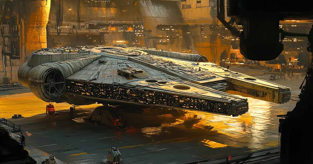 Millennium Falcon parked on quiet landing pad at dusk with warm lights, reflecting legacy and symbolism in a science fiction setting.