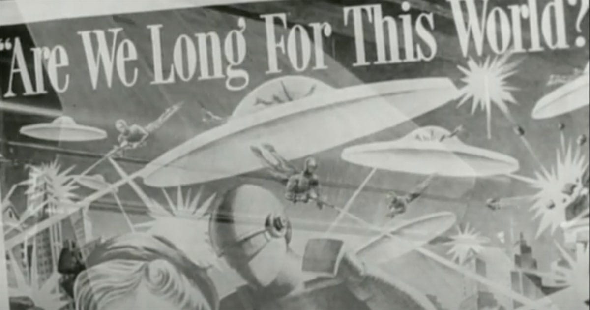 Sensational newspaper art with UFOs and destruction reading "Are We Long For This World" from The Day the Earth Stood Still (1951)
