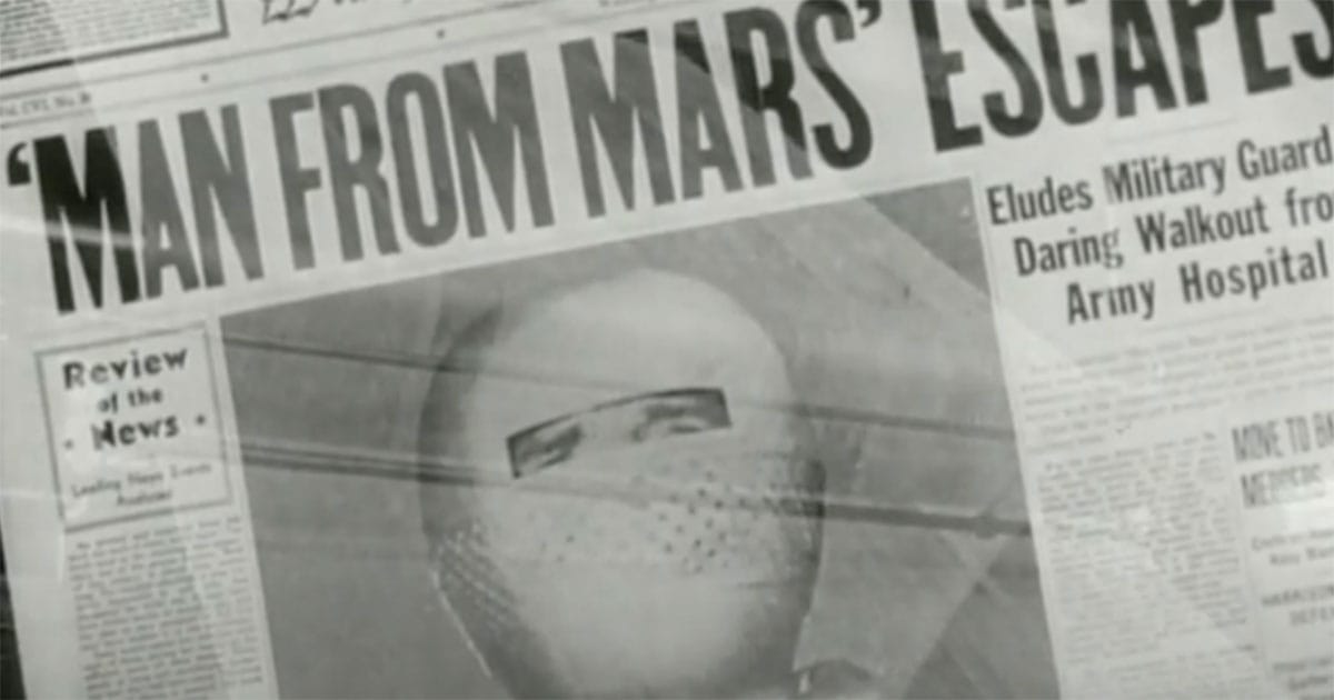 Newspaper headline reading "Man from Mars Escapes" with Klaatu's masked face from The Day the Earth Stood Still (1951)