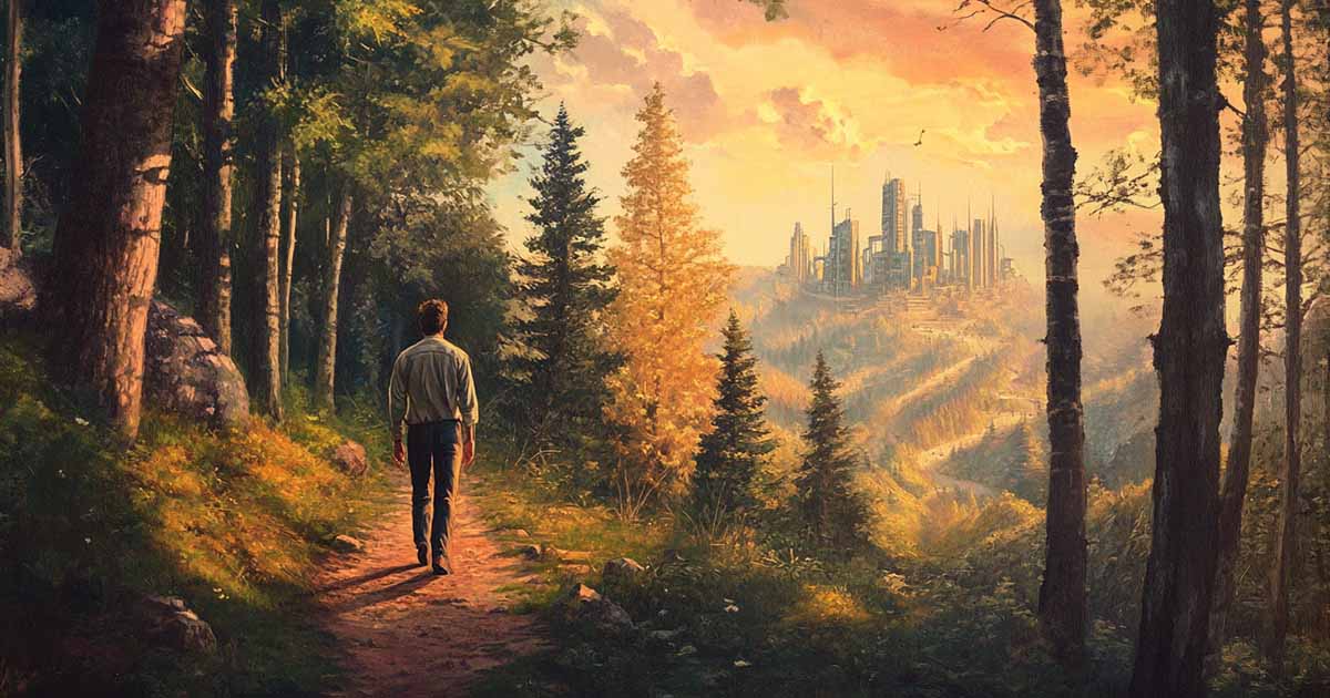 A confident man in 1970s clothing walks a forest path at dawn toward a distant, futuristic city nestled in hills, symbolizing transformation, purpose, and a new moral civilization.
