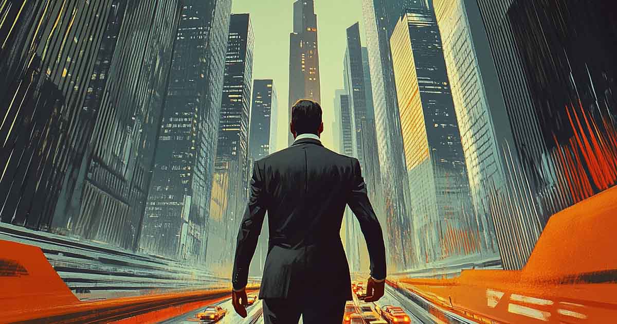 A man in 1970s business attire faces a futuristic cityscape of towering skyscrapers and traffic-filled highways, symbolizing industrial strength and centralized order.