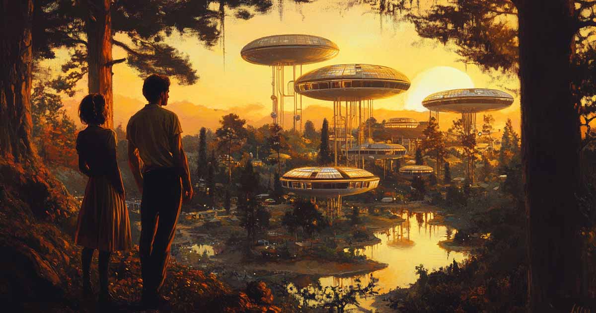 A man and woman in 1970s clothing stand at sunset overlooking a peaceful Ecotopian city with futuristic structures and forests, symbolizing moral awakening and chosen belonging.