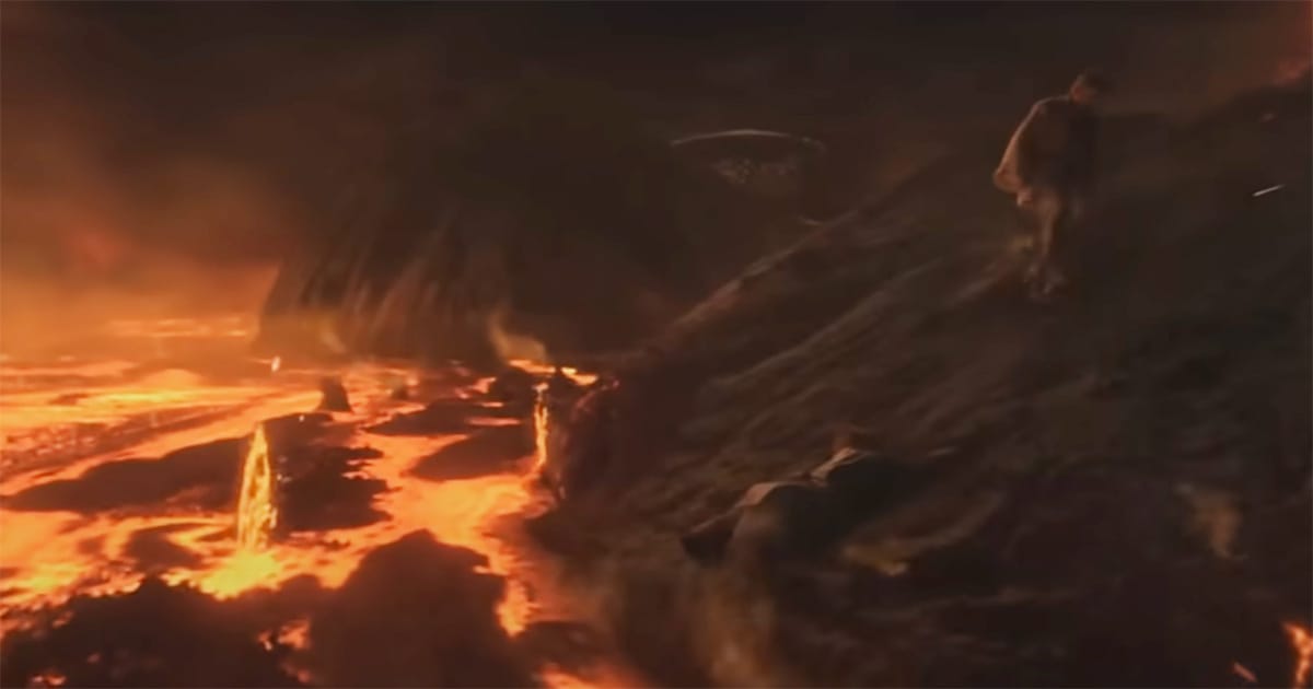 Obi-Wan Kenobi walks away from fallen Anakin Skywalker on a lava slope, with digitally enhanced footage of Mount Etna in the background.