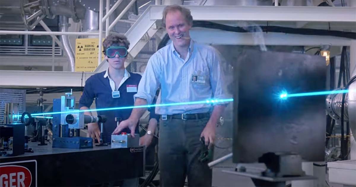 Paul and the scientist operate a laser experiment inside a government lab in “The Manhattan Project” (1986).