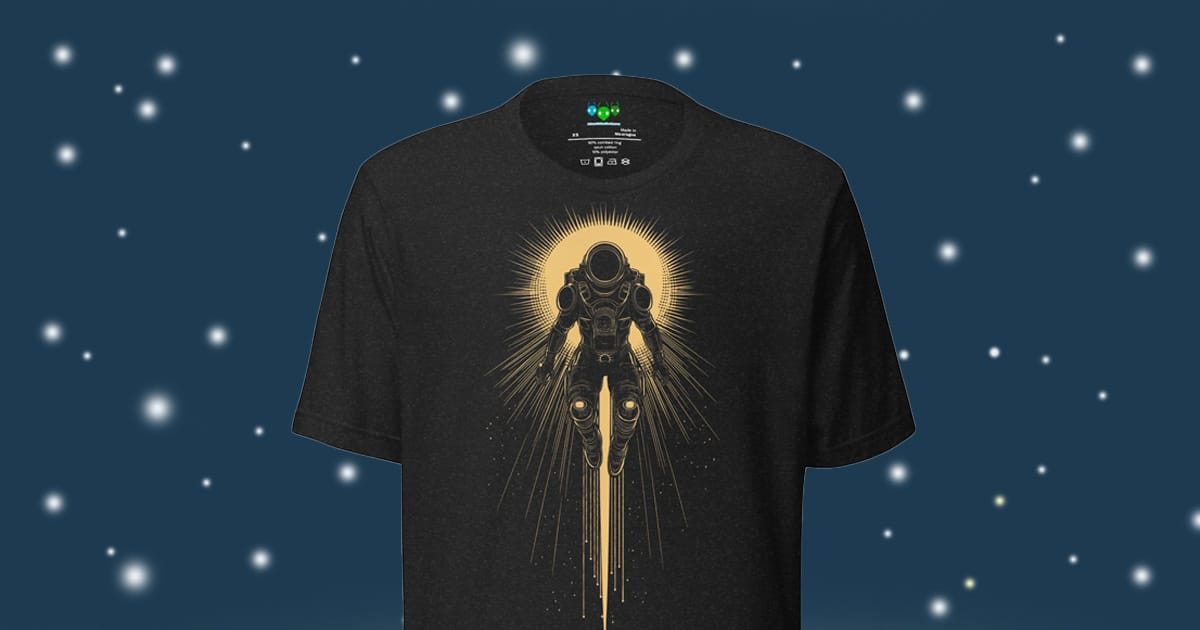 Golden Knight sci-fi t-shirt featuring Major Darius Vale in black-and-gold exosuit from the Sol Frontier.